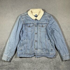 XXX Rude Denim Jean Jacket Men’s Size Large Button Up Blue Sherpa Lining